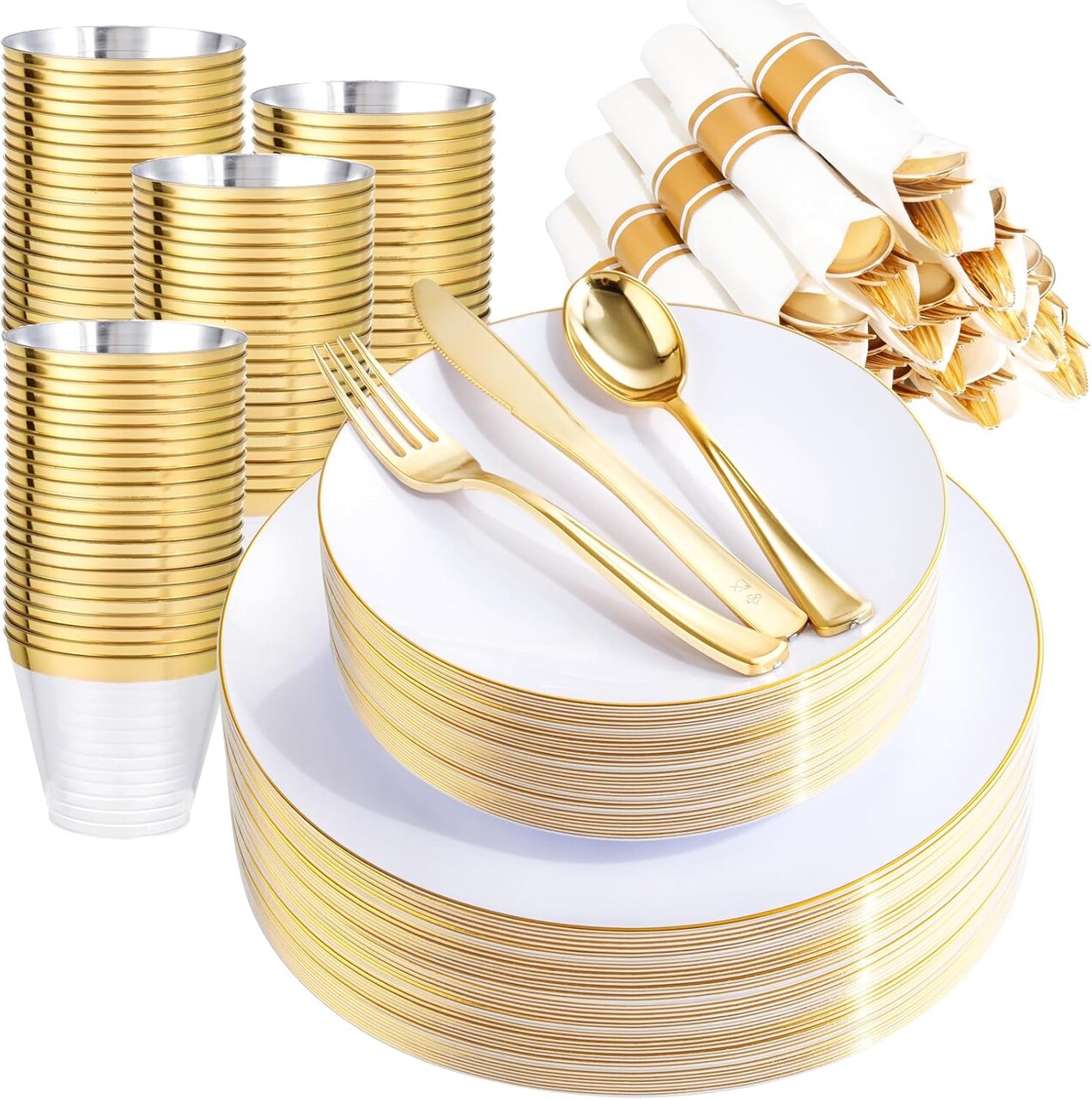 140Pcs Gold Plastic Plates, White Plates with Gold Rim, Disposable Dinnerware Include 20Dinner Platos, 20 Dessert Platos, 20Pre Rolled Napkins with Cutlery and 20 Cups for Party